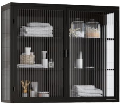 HAINEW Moderner Hängeschrank Küchenschrank Wandschrank mit 2 Glas Türen, Metal und Glas Badschrank Sideboard Hängend Medizinschrank für Küche Bad (Schwarz)