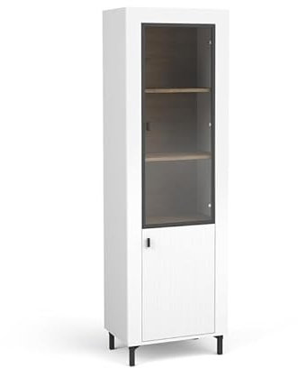 MINIO go for it - Vitrine ASSO 3, Glasvitrine mit 2 Türen, hohe Vitrinenschrank, Schwarze Beine, Farbe: Weiß/Whisky Eiche
