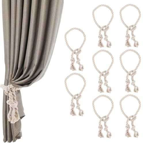 GBACHOOSE 8 Stück Vorhangseil Raffhalter, Vorhang Raffhalter 100cm, Gardinen Raffhalter Beige Baumwolle, Boho Raffhalter für Vorhänge, für Schlafzimmer Office Wohnzimme