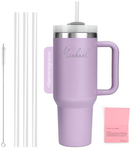 WALLFID 40oz Edelstahl Thermobecher, personalisierbar mit individuellem Namensaufdruck, vakuumisoliert mit Deckel, inkl. 3 Strohhalmen & Reinigungsbürste (Violett)