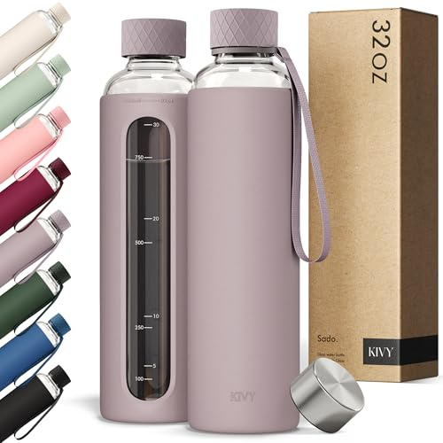 KIVY Glas Trinkflasche 1l mit Silikonschutz - Kohlensäure geeignet