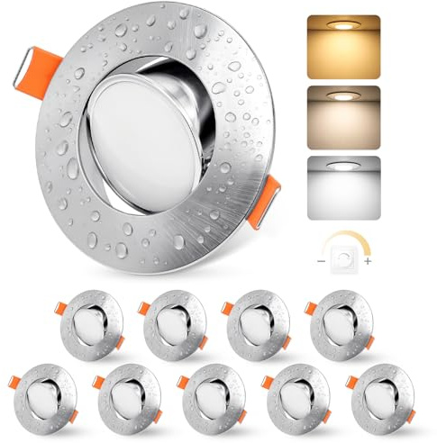 YindaLux 10x LED Einbaustrahler 230V Dimmbar 5W IP44 Nickel Loch 68-80 mm | 550lm, 120° 3 Lichtfarben Warmweiß/Neutralweiß/Kaltweiß, 45° schwenkbar, Flimmerfrei, für Badezimmer, Küche und Wohnzimmer