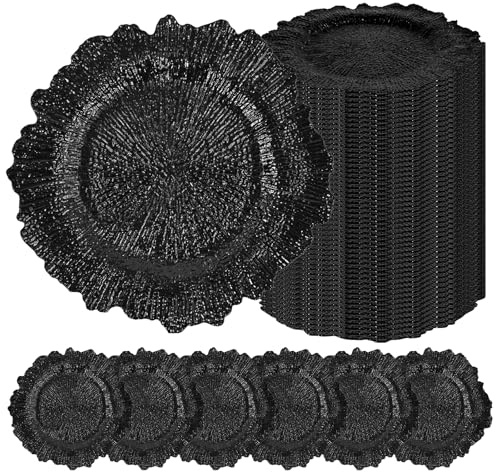50 Pcs Black Charger Plates Bulk 13 Inch Plastic Charger Plates for Dinner Plate, Black Chargers for Table Setting, Reef Design Plate Floral Decorative Round Chargers for Wedding Party, Event