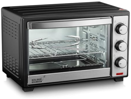 Koliber SUPERMAX X 2000W Mini Backofen 25L Umluft Drehspieß Pizzaofen Tischbackofen Edelstahl 1600W Ober Unterhitze Timer Innenbeleuchtung Kompaktbackofen Schwarz