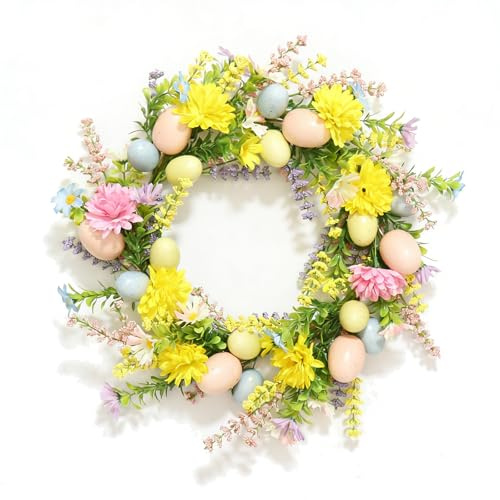Corona de Pascua 40 cm con Huevos Decorativos de Colores y Flores Artificiales – Corona de Primavera de Plástico – Decoración Colorida para Puerta y Ventana para Pascua, Primavera y Fiestas