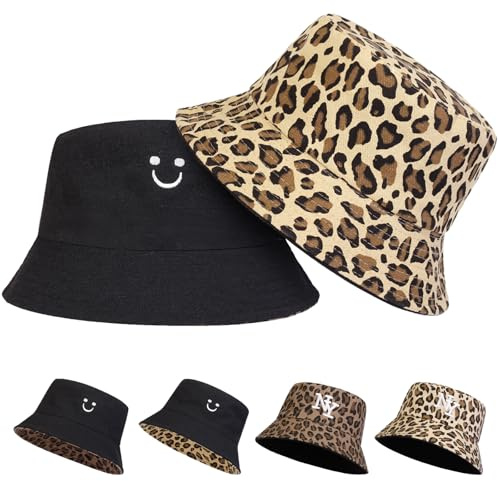 AUNGKWANG Leopardenmuster Fischerhut, Sonnenhut für Damen und Herren, Reversibel Fischerhüte, Fischerhut für Wandern Urlaub Camping Reisen Angeln