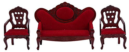 ZenithAur Divano vintage per casa delle bambole e sedie abbinate, un set di divani per casa delle bambole con struttura in legno artigianale per diorami da soggiorno in miniatura