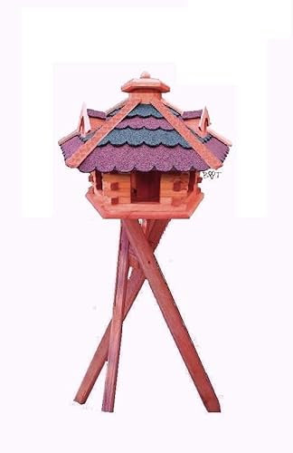 XXL Gartendeko aus Holz große Vogelfutter mit ROT BLAUEM DACH /mit Ständer Bitumenschindeln Vogelhaus/Nistkasten,Vogelhäuser : Ergänzung zum Nistkasten, für Vögel Amsel Amseln Meise Meisen Star Stare Meisennistkasten Vogel,Vogelfutterhaus und Vogelvilla, Futterhaus, Futterhäuschen,große Größen auch mit Ständer und Silo,