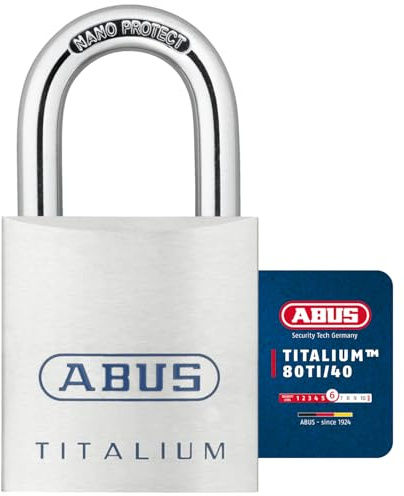 ABUS Titalium Vorhängeschloss 80TI/40 gl.-8011 - gleichschließend - Kellerschloss mit leichtem, massiven Schlosskörper aus Spezial-Aluminium - ABUS-Sicherheitslevel 6 - Silber | Schlosskörper aus Spezial-Aluminium, gehärteter Stahlbügel, 6-Stift-Zylinder, Schließung 8011, 40 mm, inkl. 2 Schlüssel