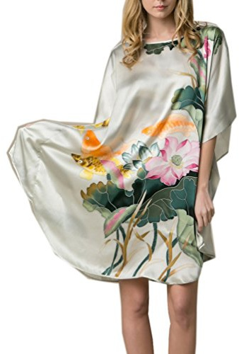 Prettystern Donna 100% Seta Kimono Caftano Pigiama Camicia da Notte con Pittura a Pennello Cinese Dipinto a Mano