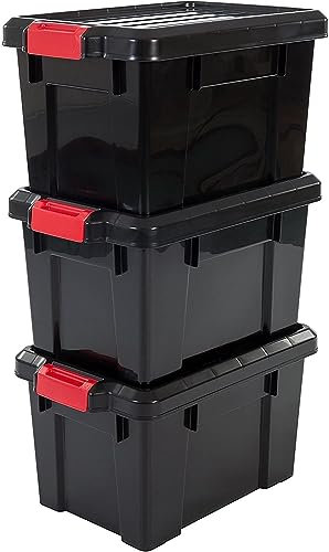 Iris Ohyama, Juego de 3 cajas de almacenamiento para bricolaje, 21 L, con cierre a presión, apilable, garaje - Power Box SK-210 - Negro
