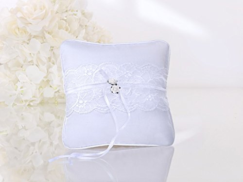 Premium Weddings Ringkissen Hochzeit weiß mit Spitzenbordüre und weißen Röschen 16x16 cm - Ringkissen Spitze Ringkissen Weisse Röschen Kissen Trauringe