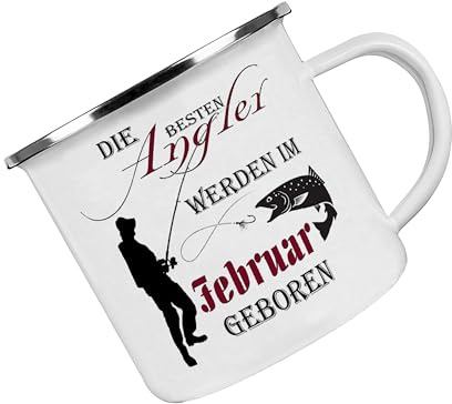 Crealuxe Emaille Tasse Die besten Angler werden im Februar geboren - Kaffeetasse mit Motiv, Campingtasse, bedruckte Emailletasse mit Wunschtext