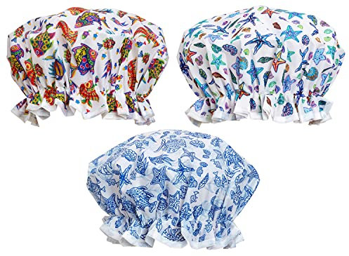 Bodylife Shower Caps 3 Pack Double Layered Reusable Bath Caps Deep Sea Adventure