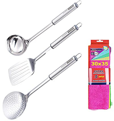 FAMILY Set Utensili da Cucina mestolo, Pala Forata e schiumarola più Confezione di 5 Panni in Microfibra