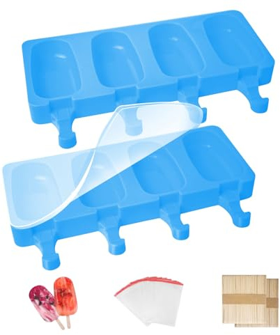 2Pcs Ice Lolly Moulds with Sticks, Non-Stick Cakesicle Moulds, Silicone Ice Popsicle Mould with Lid, 100 Sticks and 50 Popsicle Bags for DIY Ice Cream, BPA-Free