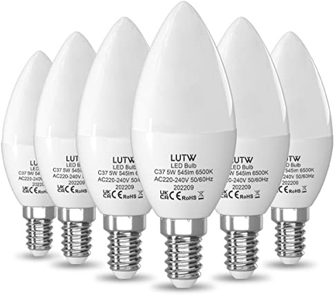 LUTW Ampoule LED E14 Blanc Froid 6500K, Ampoule Bougie LED C37, 5W Équivalent 40W, 545LM, Ampoule Petit Culot à Vis E14, Économie d'Énergie à Angle de Faisceau 160°, Non Dimmable,Lot de 6