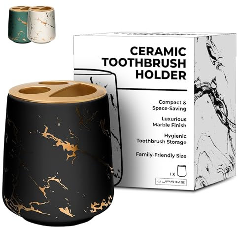 JJ PRIME - Portaspazzolini Da Bagno Ceramica | Aspetto Del Marmo Porta Spazzolini Bagno | Bicchiere Porta Spazzolino Bagno | Porta Spazzolino e Dentifricio Portaspazzolone Organizer Da Bagno (Nero)