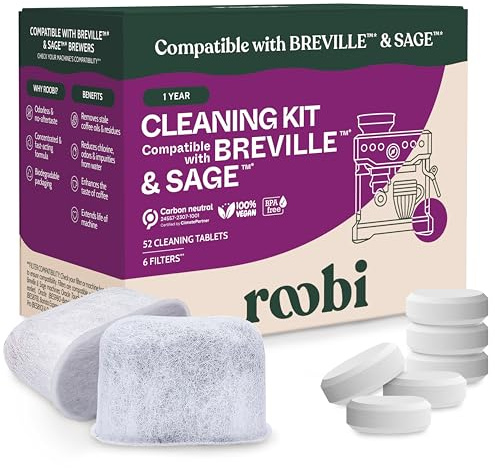 Roobi Cleaning Kit for Coffee Machine & Espresso Machine Compatible With Sage and Breville (52 Cleaning Tablets + 6 Water Filters). Limescale Remover. 1 Year Supply. Carbon Neutral & Eco-Friendly
