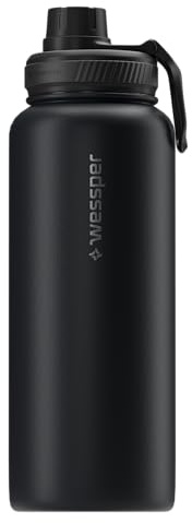 Wessper Botella Agua Acero Inoxidable 1L Botella Termica Sin BPA con 3 Tapones | Negro Elegante Botella Resistencia al Rayado, fácil de Limpiar | Termo Agua Fria/Caliente para Niños Adultos