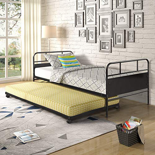 Anwickmak Twin Size Metal Daybed Platform Bed Frame with Trundle Built-in Casters for Boys/Girls/Teens/Adults, No Box Spring Needed, Space Saving, Easy Assembly, Black