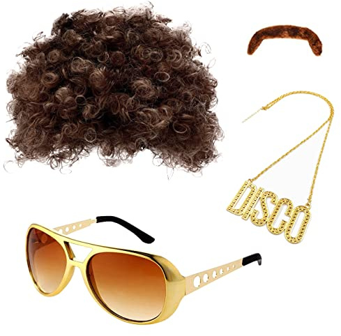MIVAIUN Hippie Perücken Kostüm Zubehör Set, 70er Jahre Kostüm Herren, Hippie Kostüm Herren, Herren Hippie Perücken Kostüm Zubehör Set Hippie Afro Perücke,60er 70er 80er Kostüm Hippie Kostüm (4 Stück)