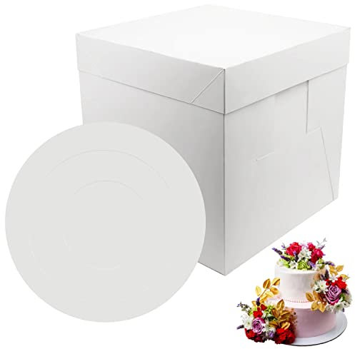 PHULWEL Cake box with Cake Board for for Tier Cakes, Tall, White Cake Boxes, Disposable Cake Containers - 12x12x12 inches(4 Pack)