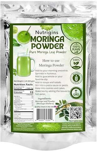 Nutrigins Moringa Powder - 1 lb - Organic Moringa Oleifera - 100% Raw and Pure Moringa Leaf Powder - Great for Drinks, Tea, Smoothies & Recipes - Food-Grade, Vegan, Resealable Stand-Up Bag