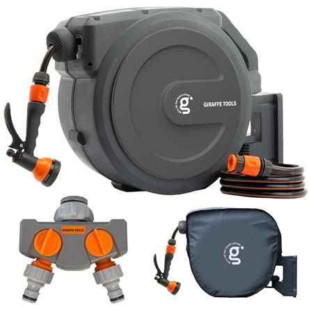 Giraffe Tools Gartenschlauchtrommel-Set mit Wasserhahn-Splitter und Abdeckung, einziehbarer 35 m Schlauch, EUAW-40KIT
