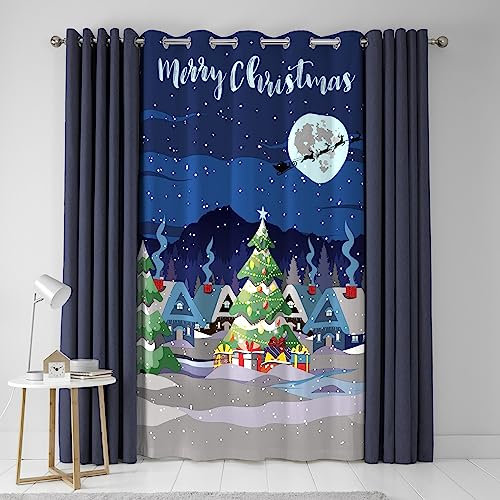 Bedlam - Christmas Curtain W55 x L84 (138 x 214cm) - Eyelet - Glow in the Dark for Xmas - Festive Town Curtain for Bedroom/Living Room