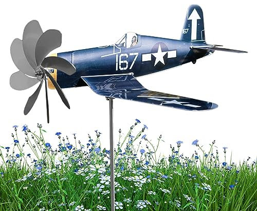 Ziurmut Moulin à Vent d'avion, Moulin à Vent de modélisation d'avion en métal Bleu, Sculptures de piquets de Jardin, girouette d'avion, Art du Vent de Jardin cinétique, Sculpture de Vent d'avion
