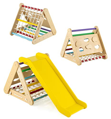 COSTWAY 4 in 1 Toddler Climbing Frame, 3-Sided Kids Wooden Montessori Climber with Sliding Ramp, Climbing Net and Board, Indoor Play Gym for Boys Girls (Colorful)