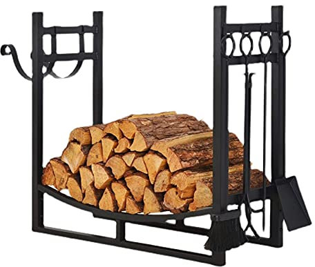 SilteD Kaminschirme, Kaminholzregal aus Metall mit äußeren Haken zum Anzünden, 5-teiliges Kamin-Werkzeugregal, Holzaufbewahrung für den Außenbereich, Innenbereich, 76,2 cm hoch Present
