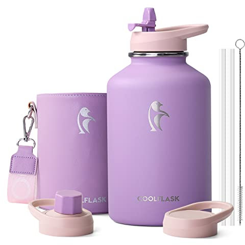 Coolflask Borraccia Termica 2L in Acciaio Inox con Custodia in Pelle PU, Coperchio a Cannuccia e Accessori, Isolamento Sottovuoto Mantiene Bevande Fredde 48h e Calde 24h, Viola Lilla