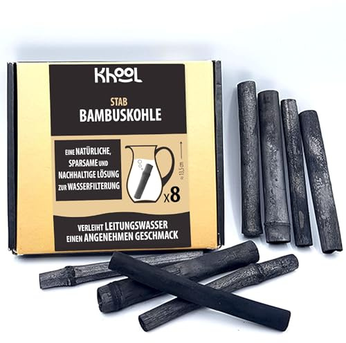 KHOOL | 8 bastoncini grandi di carbone attivo di bambù | Purificatore acqua naturale | Ø 2–3 cm | 1 bastone = 1,5 L | Per bottiglia, caraffa filtrante, filtro acqua potabile
