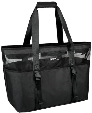 IVODEELA Strandtasche,Badetasche XXL Familie,Damen Wasserdicht Sandfest Mesh Beach Bag,Schwimmtasche Familie mit Reißverschluss,Einkaufstaschen für Reisen Einkaufen und Alltag,Schwarz