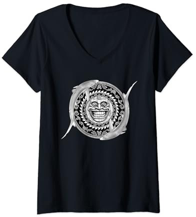 Damen Blauhai Hawaiianisches Tiki T-Shirt mit V-Ausschnitt