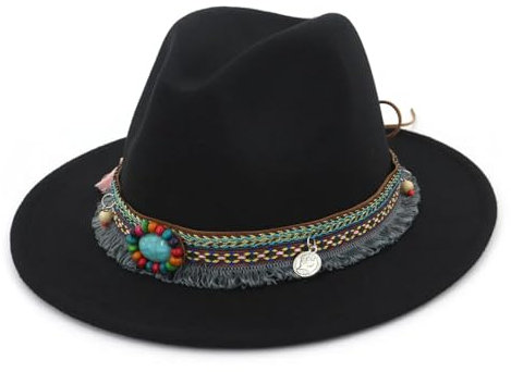 FULUJIDI Fedora Trilby Filzhut Hut Sonnenhut Frauen Männer Fedora Hut Klassische Breite Brim Filz Party Kirche Kappe 59 To60 cm Schwarz