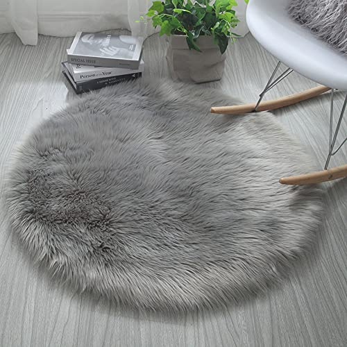Tappeto morbido e soffice in finta pelliccia di pecora, grigio, 120 cm, rotondo, in finta pile, per camera da letto, divano, pavimento, tappeto a pelo lungo, con design in pelle di pecora singola