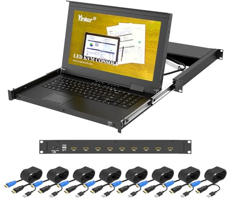 Yinker HDMI-KVM-Konsole mit 8 Ports, HDMI KVM Switch mit 15,6 Zoll LCD-Monitor, passend für 1U 19 Zoll Rack 600 mm tiefe Netzwerk-Server-Schrank mit Tastatur-Touchpad-Schublade KVM-Kabel