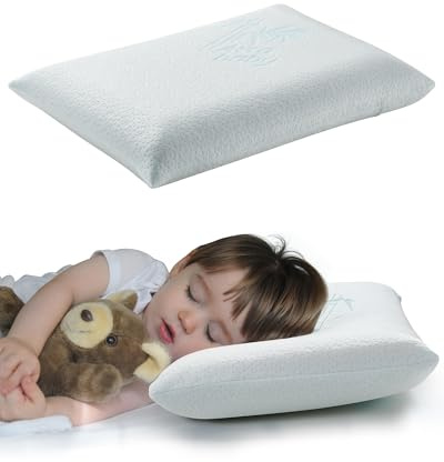 ATTABABY Toddler Pillow, Adjustable Memory Foam Small/Mini Pillow for Toddler 2 Years & Above, for Kids Sleeping, Napping or Traveling, Washable No Zipper Pillowcase, 13” x 18”, Blue