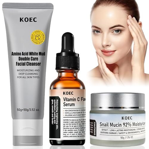 Kit Viso Idratante, Snail Mucin 92 Moisturizer 50g +Vitamin C Serum 30 ml +Facial Cleanser 50g, Set Skincare Viso, Antirughe, Idratante, Illuminante, Adatto per Tutti i Tipi di Pelle