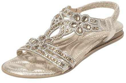 Summer Sandals for Women UK, Ladies Outdoor Walking Sandals Bohemian Rhinestone Flat Shoes Fashion Holiday Beach Open Toe Sandals with Elasticated Slingback Footwear