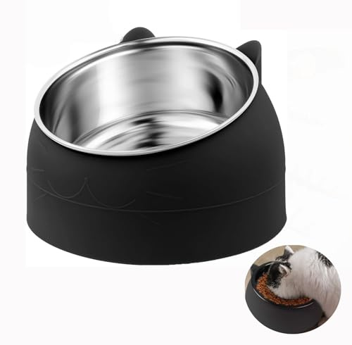 Wxinsheng Cuenco para Gatos de Acero Inoxidable 304,Comedero Gato 15°Inclinable Tazón,Base Antideslizante para Aliviar Cuello y Digestión Ideal Agua,Diseño Orejas,Higiénico y Duradero