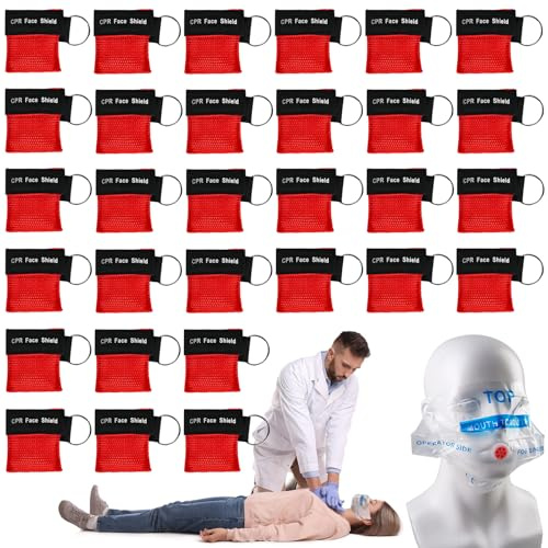 GBKDQQ 30 stycken andningsmasker nyckelring: mask, andningsduk med backventil, andningsbarriär, fickmask för första hjälpen eller AED träning (röd)