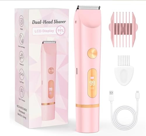 2-in-1 Intimrasierer Damenrasierer Elektrisch，Frauen Elektrischer Rasierer & Trimmer für Gesicht, Beine, Bikinizone & Körper, Nass/Trocken, Inkl. Reinigungsbürste(rosa)