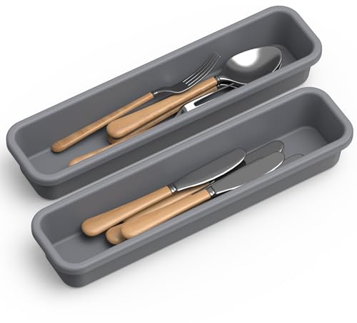 Portaposate da Cassetto, DIY Porta Posate Cucina Cassetto, Silicone Organizer Posate da Cassetto, 2 Pezzi, Resistente all'umidità e al Calore Fino a 200 °C, Antiscivolo ed Ecologico (Grigio)