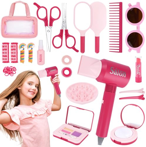 Ensemble de Salon de Beauté,Kit Coiffure pour Enfants,41 Pièces Jouets de Salon de Coiffure,avec Sèche-Cheveux,Ciseaux et Accessoires de Styliste,Cadeau d'anniversaire Jouets pour Filles de 3+ Ans