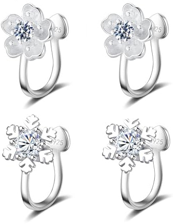 Hinvan 2 Paare Clip Ohrringe Silber 925 für Damen Mädchen Hypoallergen Schneeflocke Blumen Ohrringe Clips Ohne Loch Ohrclips Silber Ohrklemme mit Zirkonia Diamant