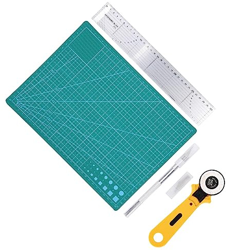 Cryfokt Kit di Strumenti per Cucire Fatti a Mano per il Taglio della Pelle, del Tessuto di Carta, con, Righello, Taglierina per Tappetino, Coltello da Intaglio